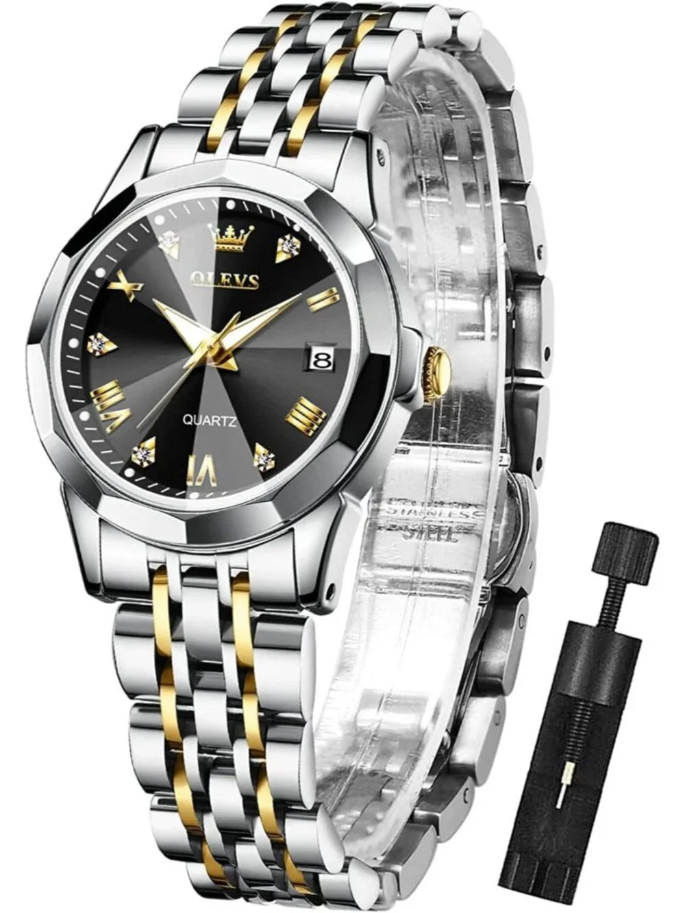 Women's Black Gold Silver Diamond Analog Stainless Steel Waterproof Wrist Watch